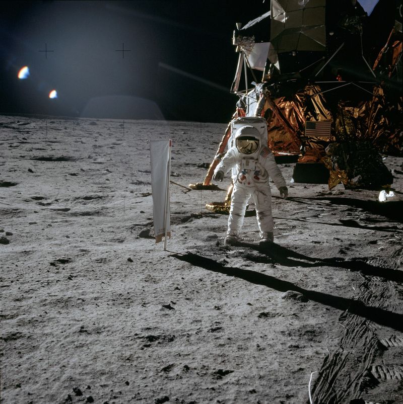 Buzz Aldrin with Eagle on the lunar surface, photographed by Neil Armstrong, July 1969
