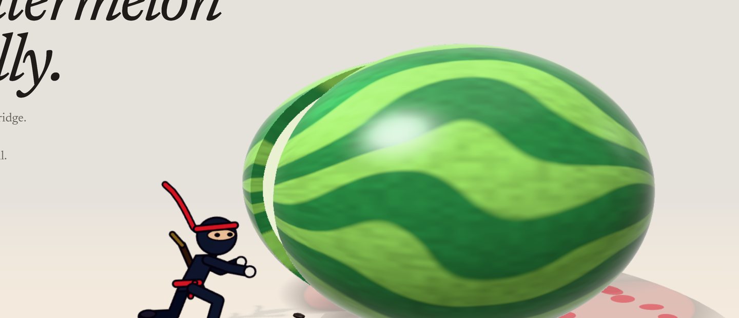 A glossy watermelon jelly slice, pulled out of shape by an unseen hand