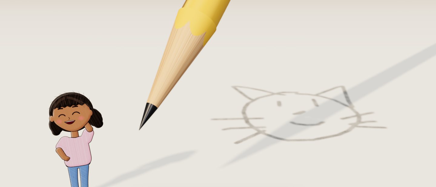 A tiny girl cheering beside a giant pencil that has just sketched a cat